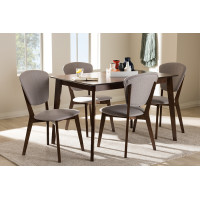 Baxton Studio LWM12805HL28LW38-Walnut/Light Grey-5PC-Dining Set Tarelle Mid-Century Modern Walnut-Finished Light Grey Fabric Upholstered 5-Piece Dining Set